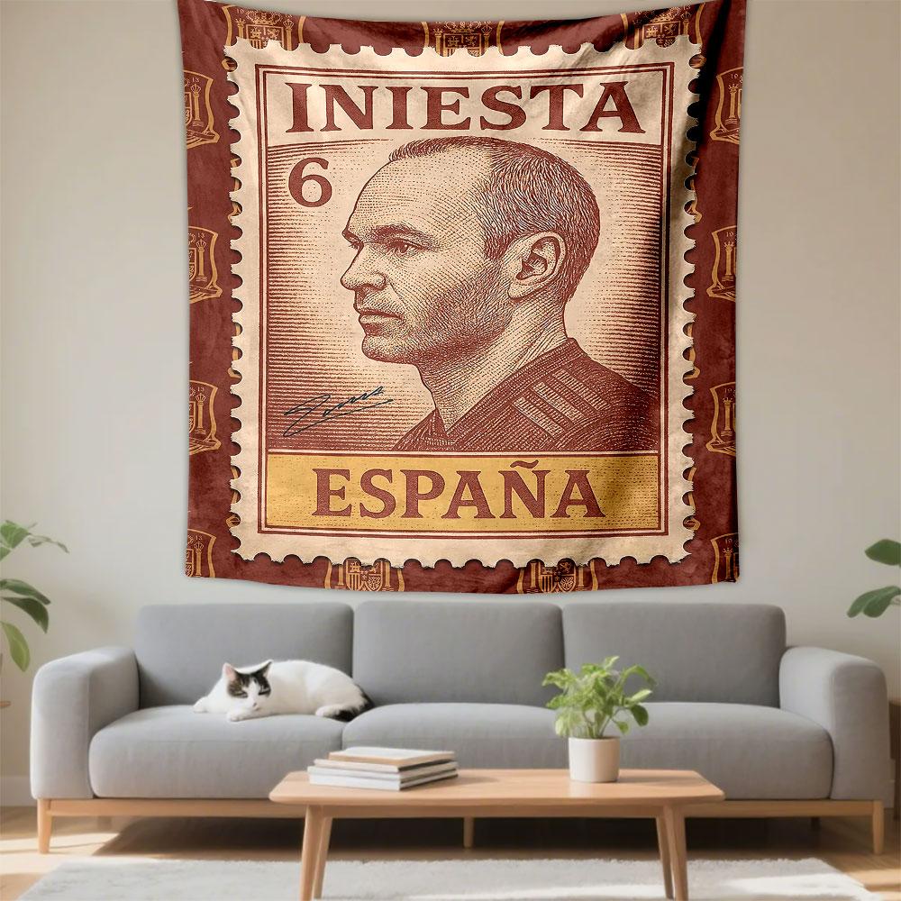 Andres Iniesta Spain Football Legend Wall Tapestry Vintage Postage Stamp Portrait Espana Number 6 Decor for Fan Man Cave Gift