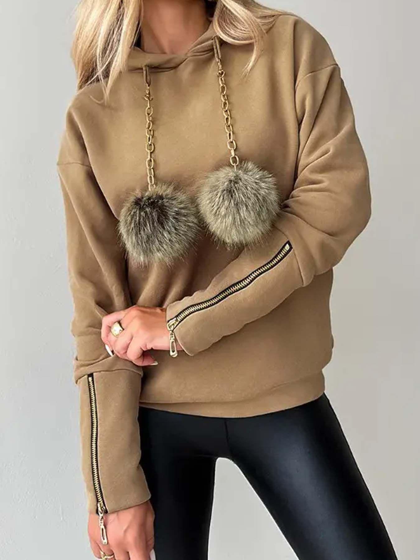 

2025 Fur Ball Chain Hooded Casual Sweatshirt for Autumn/Winter Medium світло-коричневого кольору