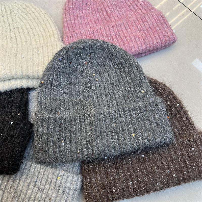 Simple Wool-blend Knitted Wool Hat Women's Fashionable Silver Sequined Ear Protectors Warm Cold Hat