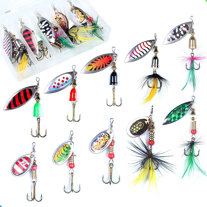 

101 Piece Fishing Lure Spinner Bait Set with Feather Treble Hook Rooster Tail Spoon Bait for Bass Salmon Trout - Fishing Gear