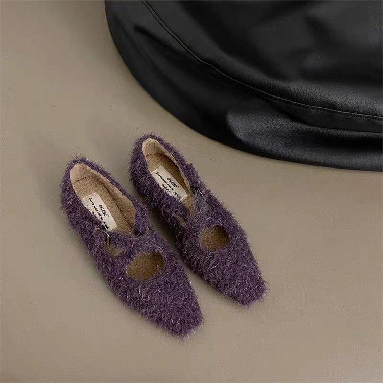 French Small Fragrant Style Low-heeled Single Shoes Women's Plush Fluffy Shoes Outer Wear 2025 New Shallow Grandma Shoes Ballet Shoes