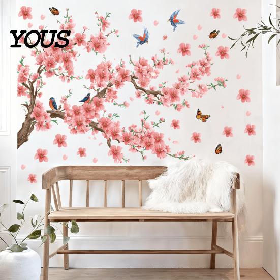 Modern Minimalist Room Aesthetics Stickers 2Pcs Sakura Wall with Butterflies & Birds, Peach Blossom Branch Easy Installation Floral Decor Decals,