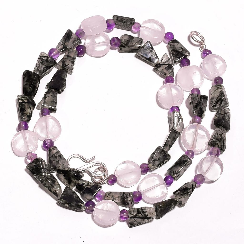 Natural Green Rutile & Rose Quartz Amethyst Gemstone Beads Necklace 17" UB-2871 UB-2871