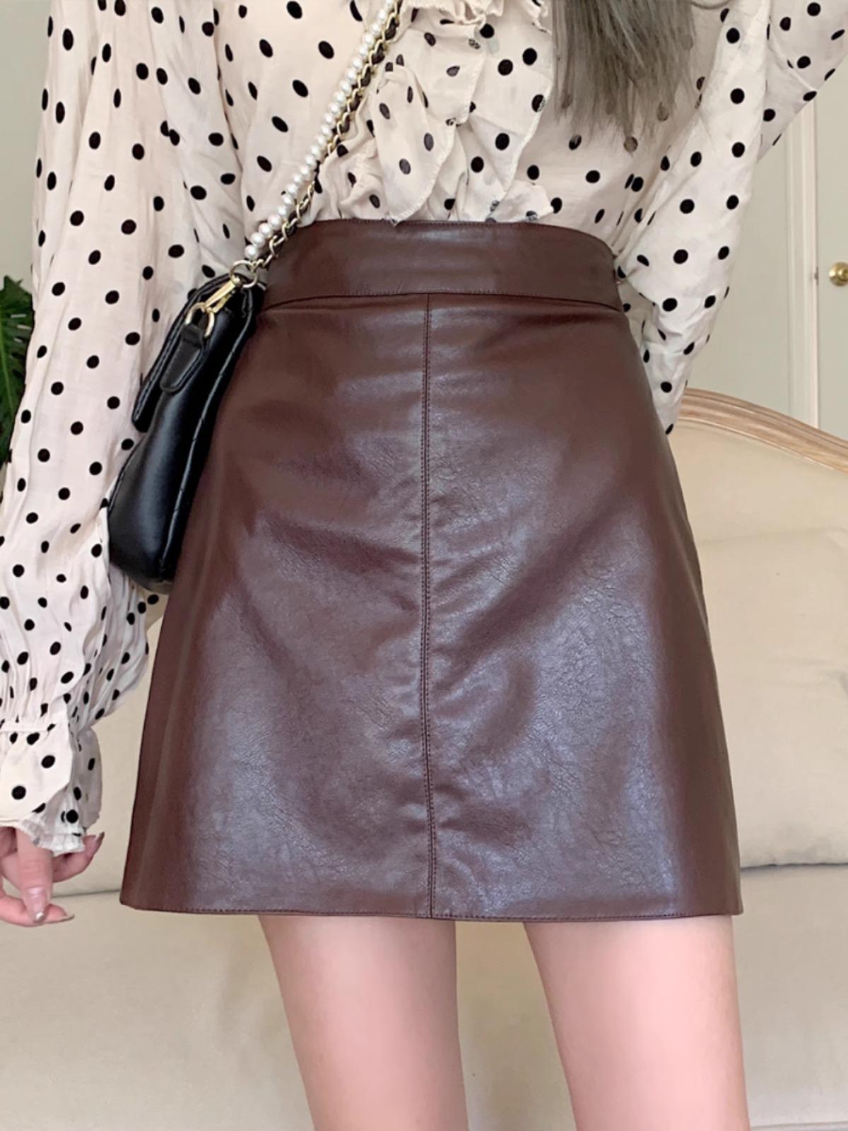 

2023 Autumn/Winter Women s High-Waist Slim PU Leather Skirt - Black Korean Style Short Skirt XS