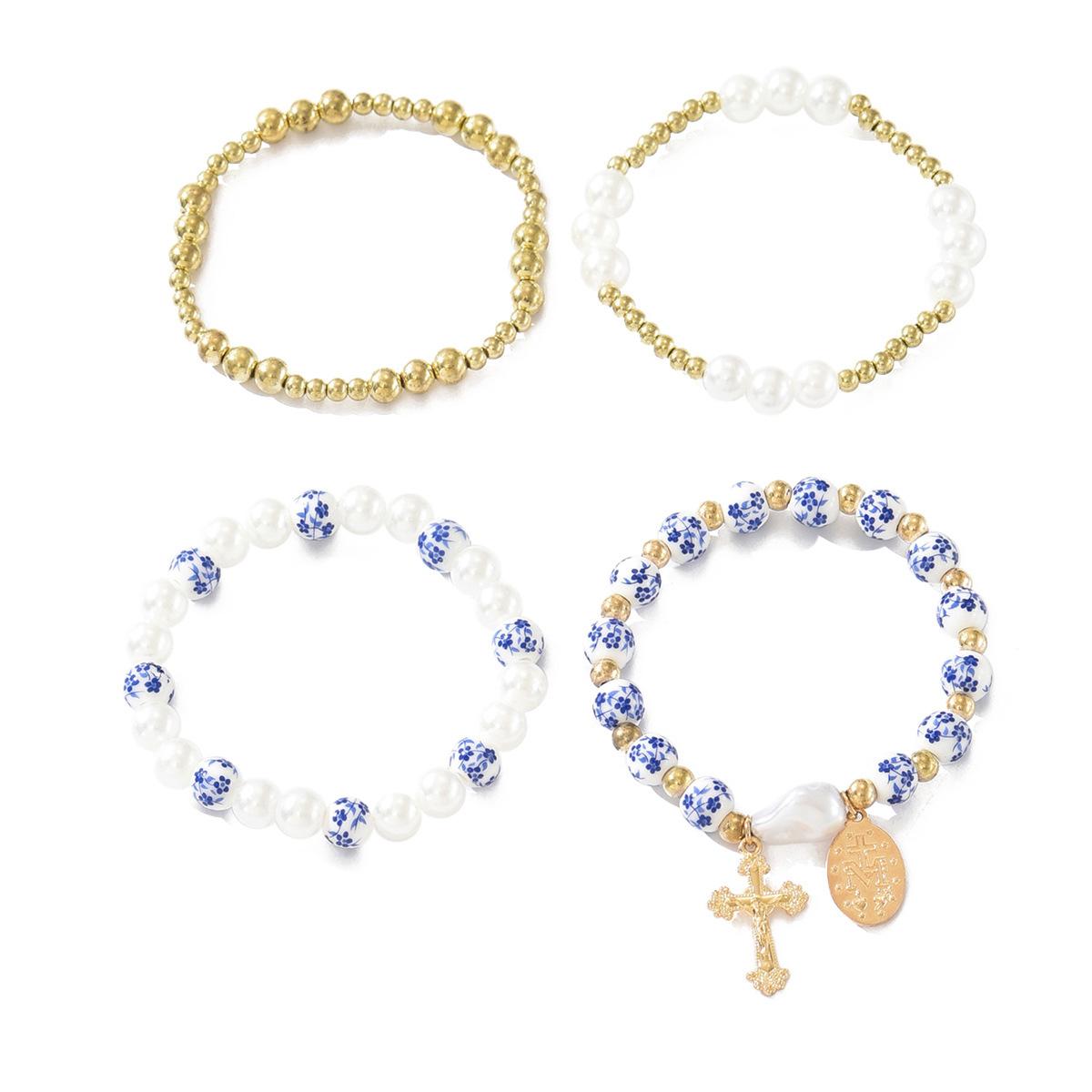 Blue and white porcelain beaded bracelet, European, American retro Chinese style personalized imitation pearl cross pendant jewelry