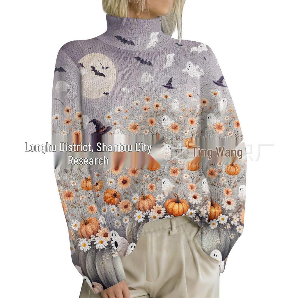HJX-GL1 Halloween Devil 3D Print High Neck Pullover Sweater - Long Sleeve, Loose Fit for Autumn/Winter