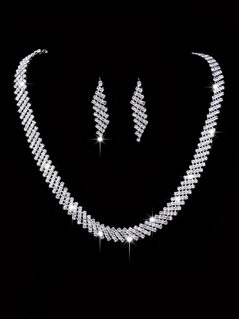 Women's Fashion Geometric Inlaid Zircon Necklace Earrings Bracelet Zircon Set Wedding Party Festival Gift