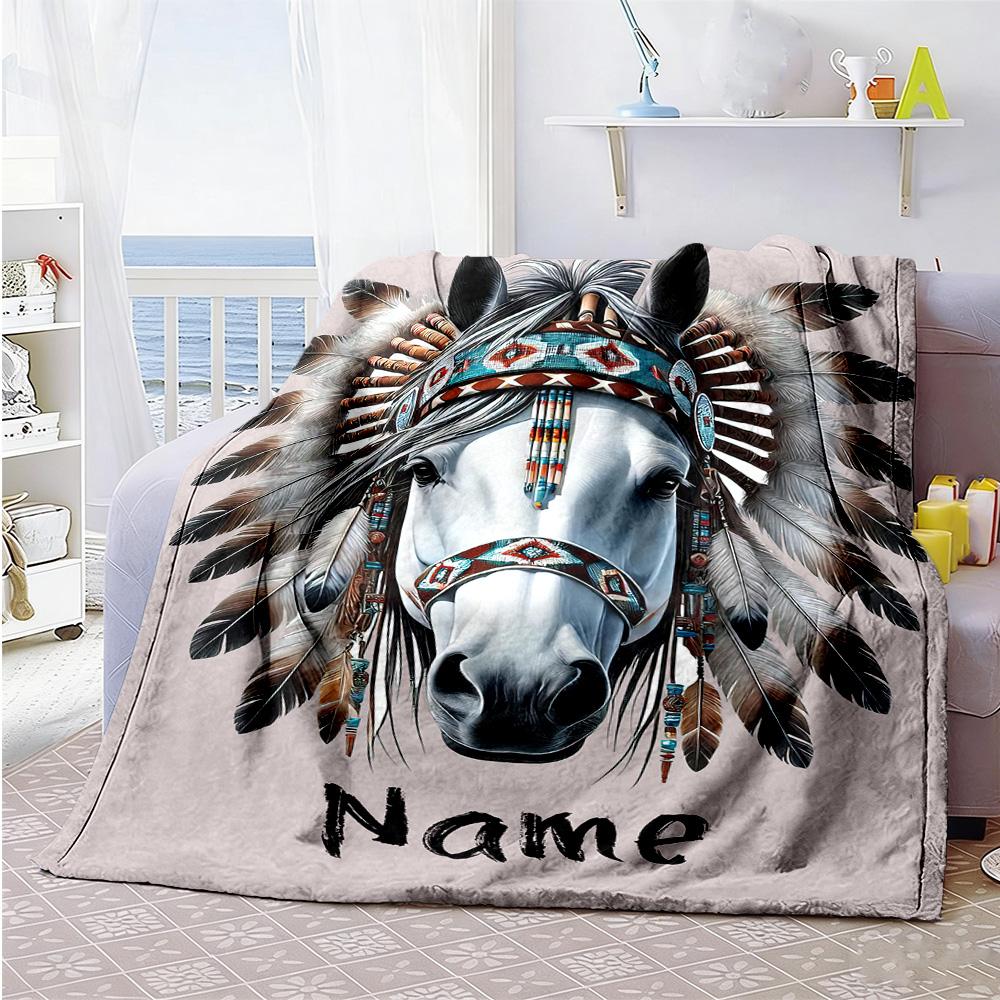 Ethnic Horse Customize Text Blanket Multi-purpose Customizable Blanket Soft Warm Cozy Great for Home Decor Sofa Living Room Seaside All-Season Use