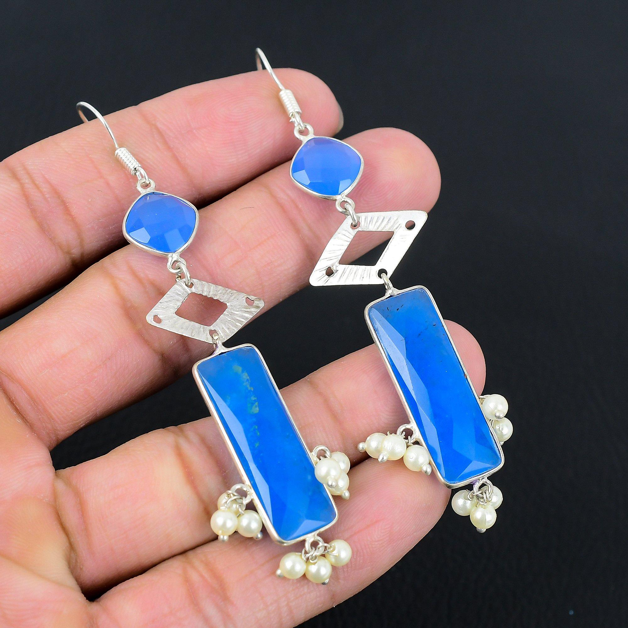 

St Patrick Day Sale 925 Silver Natural Aqua Chalcedony Drop Engagement Earrings