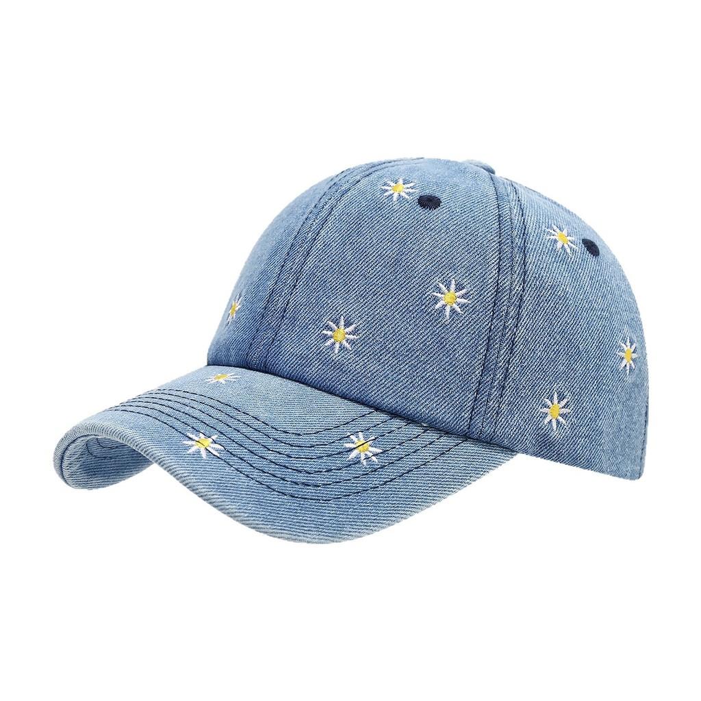 Embroidered Daisy Flower Denim Baseball Hat With Sunshade For Casual Day Out