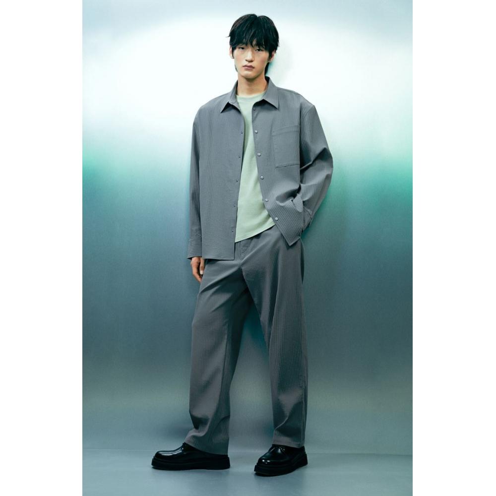 H M Waffle Textured sHirt Loose Fit Dark Grey