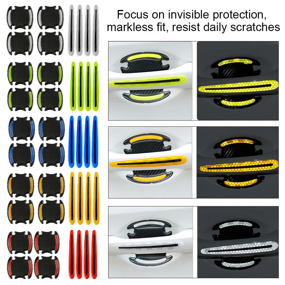 3D Carbon Fiber Car Door Handle Stickers Scratch-Resistant Stickers Car Safety Reflective Strip Auto Stickers