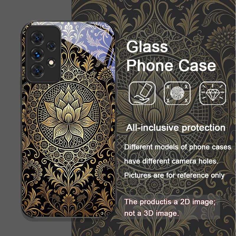 Golden Vintage Embossed Tempered Glass Phone Case for Samsung Galaxy A06 A17 A55 A54 A53 A52 A36 A14 A31 5G Floral Pattern Cover