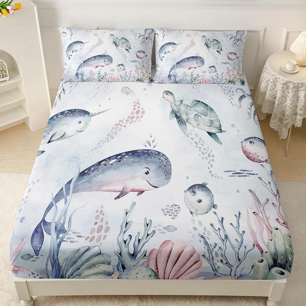 Marine Life Pattern Sheet Three-Piece Digital Printed Sheet Bedding Set Adult Children