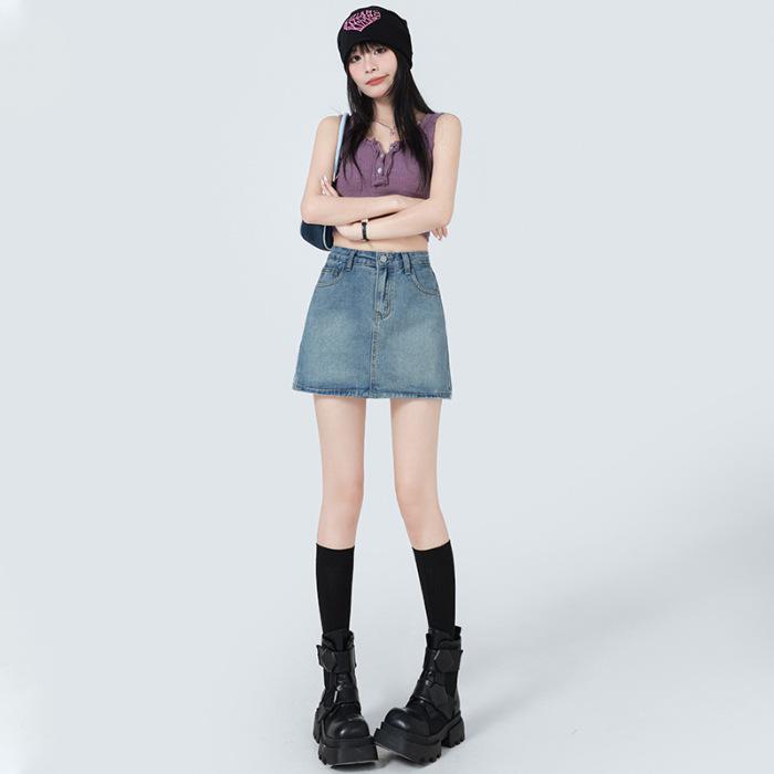 Women's High Waist White Denim Midi Skirt - Summer 2025 A-Line Bodycon Skirt with Anti-Exposure Design