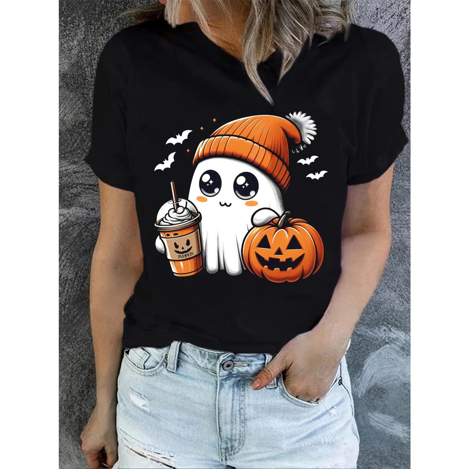 

Cute Ghost Pumpkin Coffee Graphic Tee - Soft Knit Fabric Casual Crew Neck Regular Length Summer Short Sleeve Top for Women S чёрный
