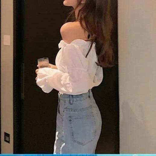 Dámský top sexy halenka bez ramen Top s dlouhým rukávem Jednobarevná Bílá košile s nabíraným rukávem Volán Tunika Top Letní Tube Top