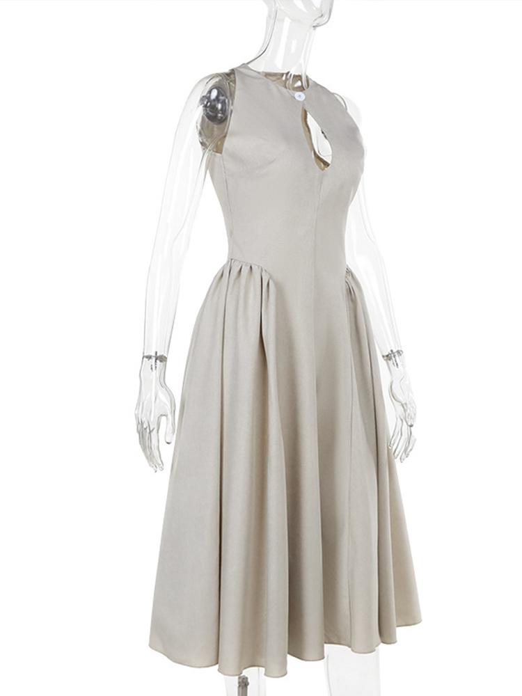 Hollow Out Pleated Single Button Lady Mid Women Dresses Sleeveless Summer A Line Female Party Robes