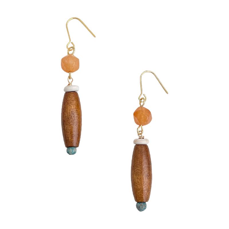 Handmade Retro Ethnic Natural Stone and Wood Earrings - Unique Literary Design in Ancient Style