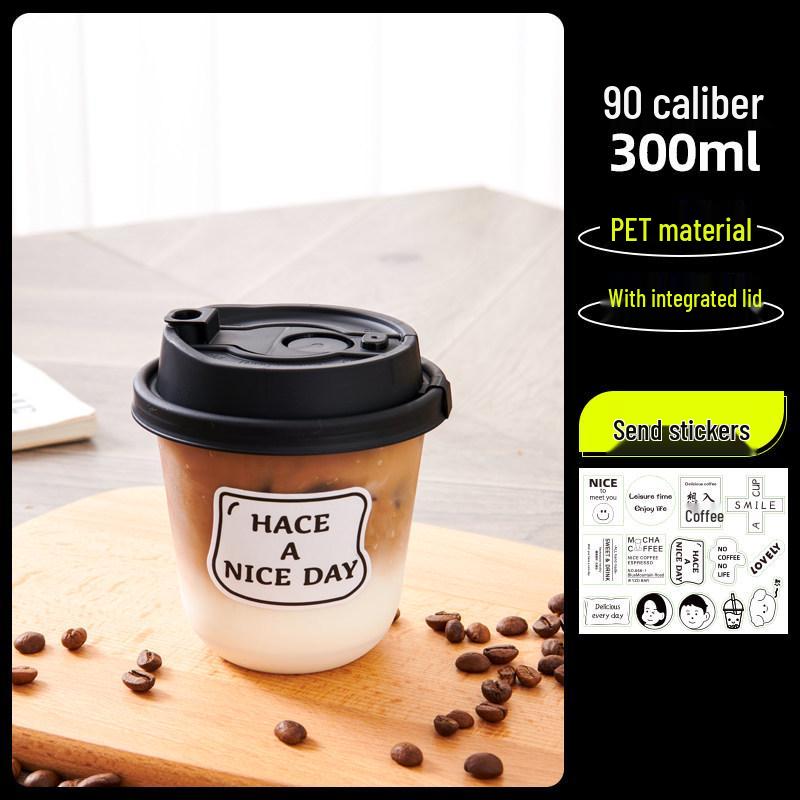 Transparent Disposable Coffee Cup with Lid, 90 Caliber, American Style for Cold Drinks, Milk Tea, Chubby Takeaway Cup