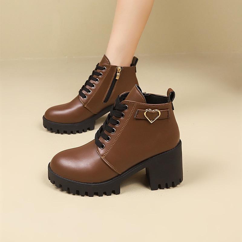 Women's Boots PU Leather Casual Boot Fashion High-heeled Ankle Boots for Women Lace Up Platform Boot Side Zipper Botas Mujer