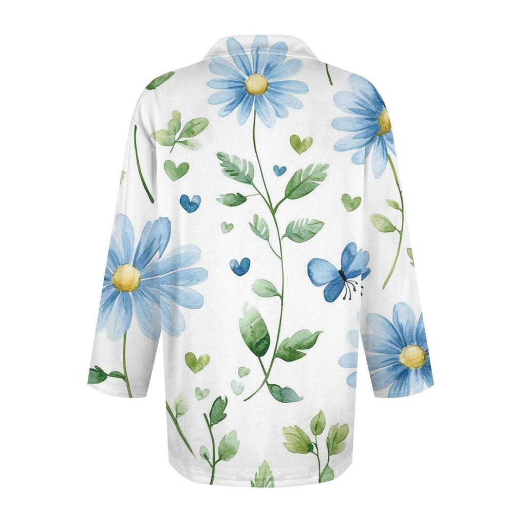 Women's Fashion Casual Button-up Seven-quarter Sleeve Floral Print Lapel Top