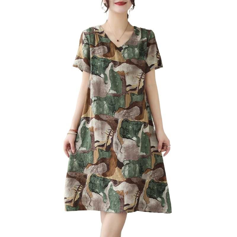 Temperament V-neck MIDI Vintage Print Loose A-line Skirt Short-sleeved Dress