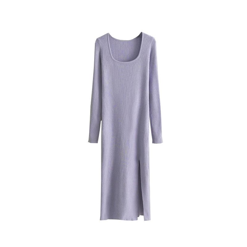 Fall Winter Lazy Wind Loose Square Collar Sweater Dress Women's Long Sleeve Solid Color Knit Wide Split Dresses