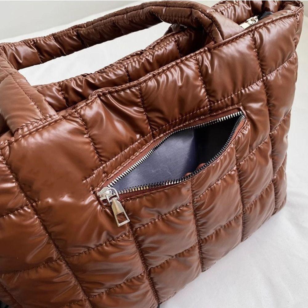 Checkered Down Cotton Shoulder Bag Korean Style Puffy Bag Cotton-padded Tote Bag  Office Worker