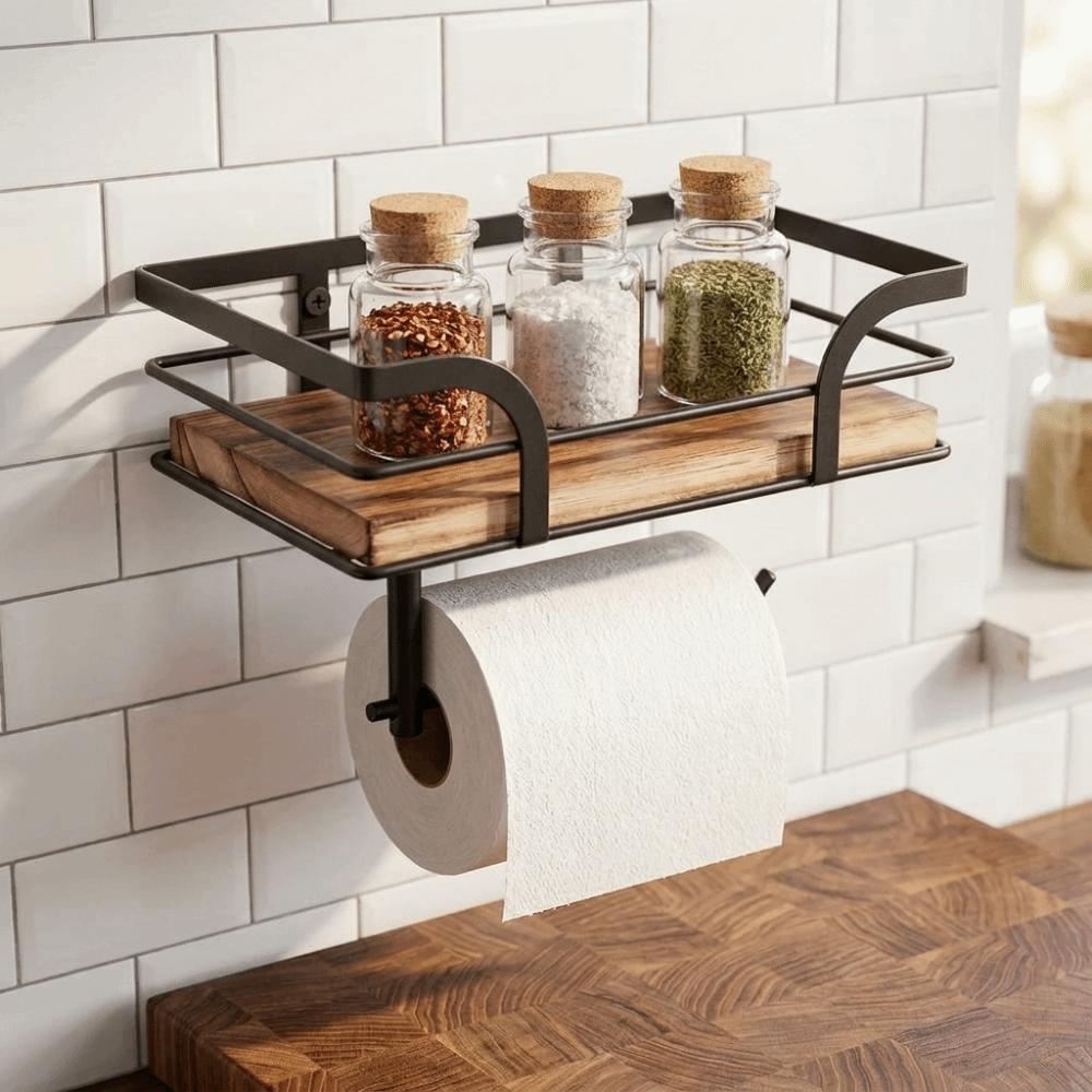 Wall Mounted Paper Towel Holder Wooden Paper Phone Holder Paper Storage Shelf  for Bathroom