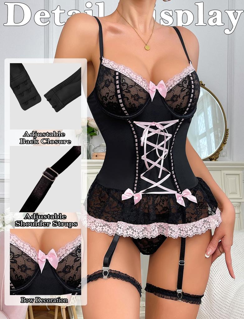 Lace Babydoll Sexy Leg S [Maeau] Women's Lingerie, Leotard, Bodysuit, See-through Pajamas, Cute, Rings, Casual, Loungewear, Gift, Black,