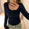 Y2k Slim Fit U-hals Knopenlijst T-shirt Dames Herfst Winter Ondergoed Korte Stijl Basis T-shirt Trendy Lange Mouw Pit Tops