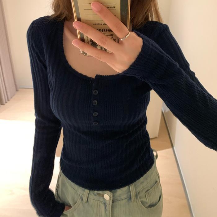 Y2k Slim Fit U-hals Knopenlijst T-shirt Dames Herfst Winter Ondergoed Korte Stijl Basis T-shirt Trendy Lange Mouw Pit Tops