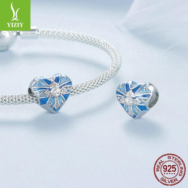 Blue Love Cross Diy Bracelet Beaded, Retro Style S925 Silver Beads Loose Beads