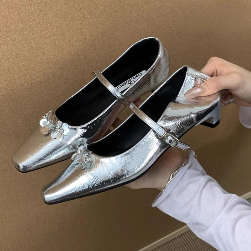 Silver Flower Embellished Mary Jane Shoes Women Fashion Square Toe Shallow Buckle Designer Shoes Comfortable Office Dress Shoes