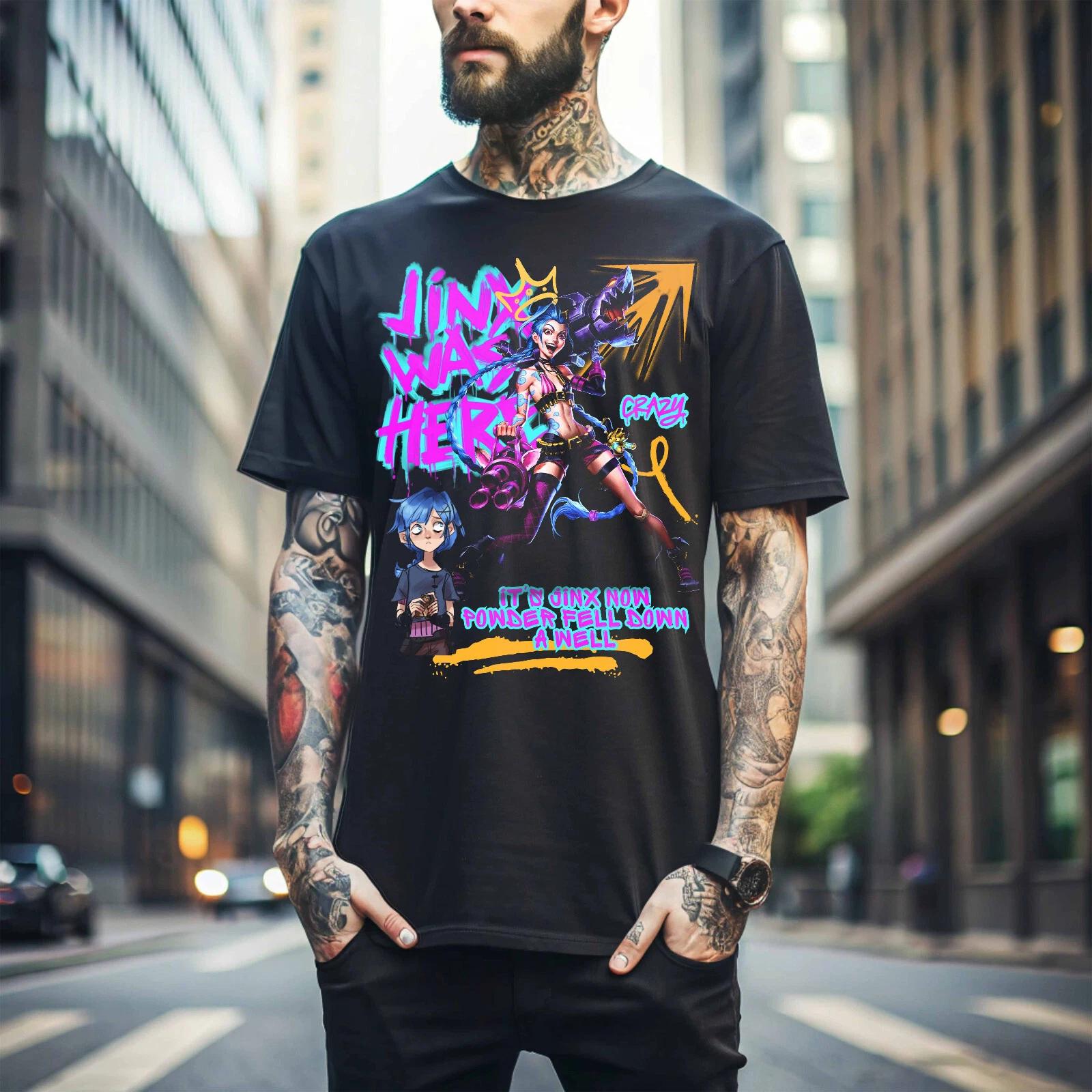 MENS WOMENS Jinx Arcane T-Shirt Japanese Anime Cartoon Jinx Black T-Shirt Unisex 054 4XL