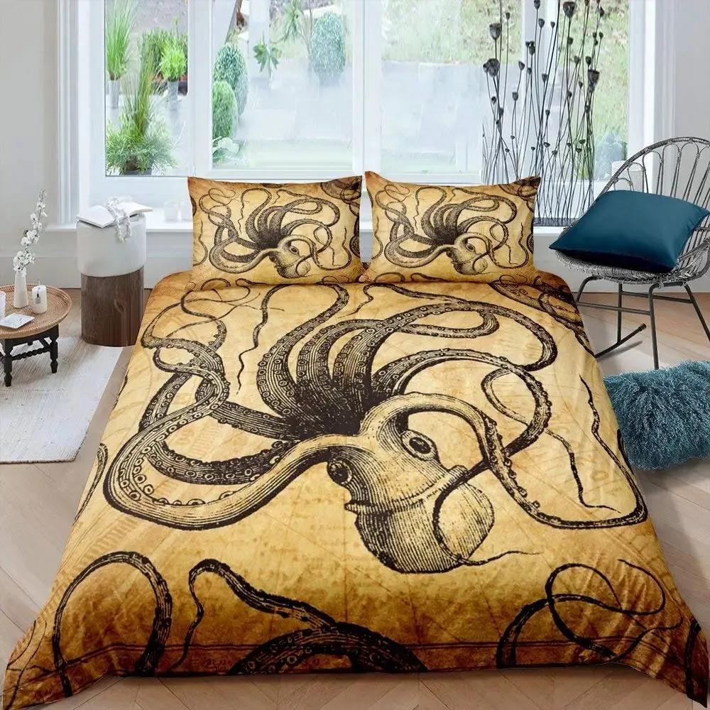 Nautical Duvet Cover Set Boat Pirate Bedding Set King Size Retro Sailboat Brown Comforter Cover Anchor Compass Vintage Quilt Set