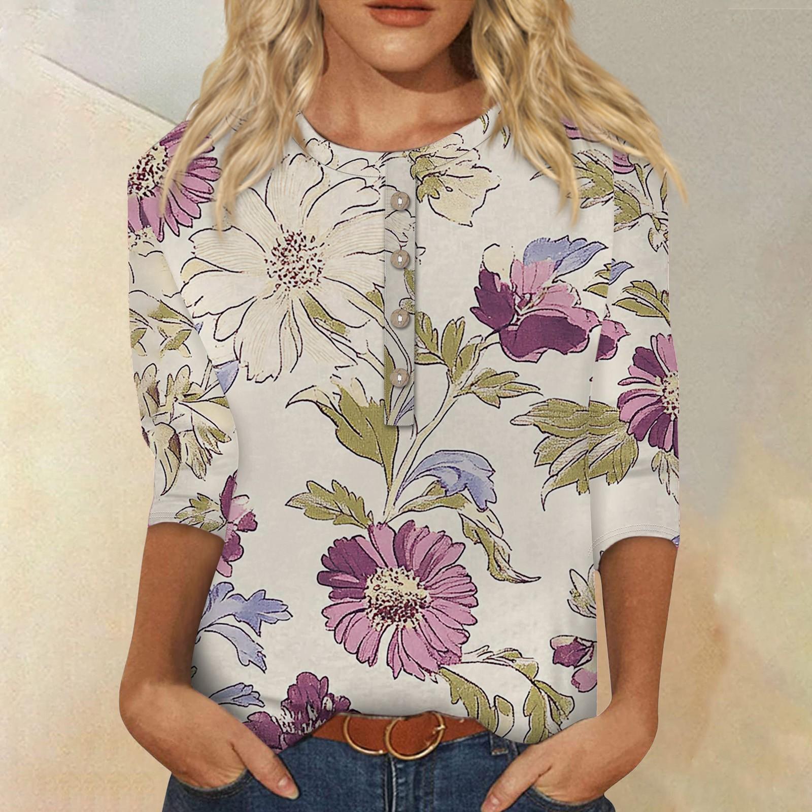 

Женская мода повседневная 3/4 рукава цветочный принт пуловер круглый вырез топ повседневная одежда XXL