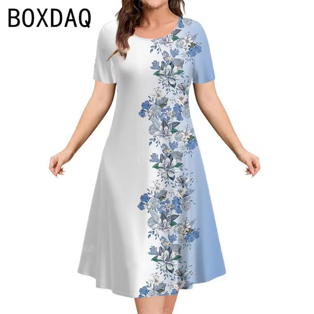 

Oversized Women Dress Elegant Vintage 3D Floral Gradient Printed Dress Big Size Summer Short Sleeve Loose Casual A-Line Dress XL