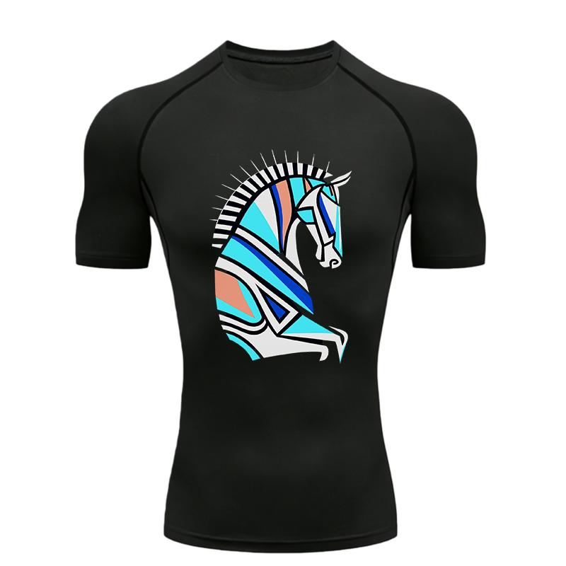 Pferdekopf Muster Herren Sport T-Shirt Training Fitnessstudio Joggen Laufen Workout Kompressions Kurzarm T-Shirt