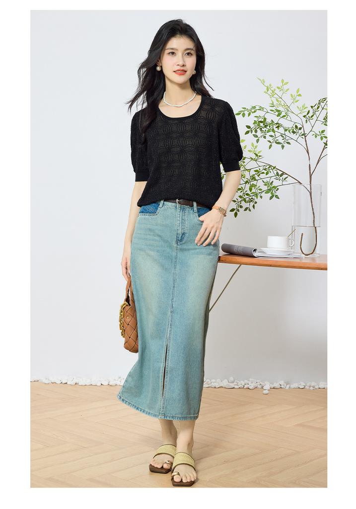 2025 Summer New High end Round Neck Lantern Sleeve Flower Jacquard Short Sleeve T-shirt Fashion Knitted Top