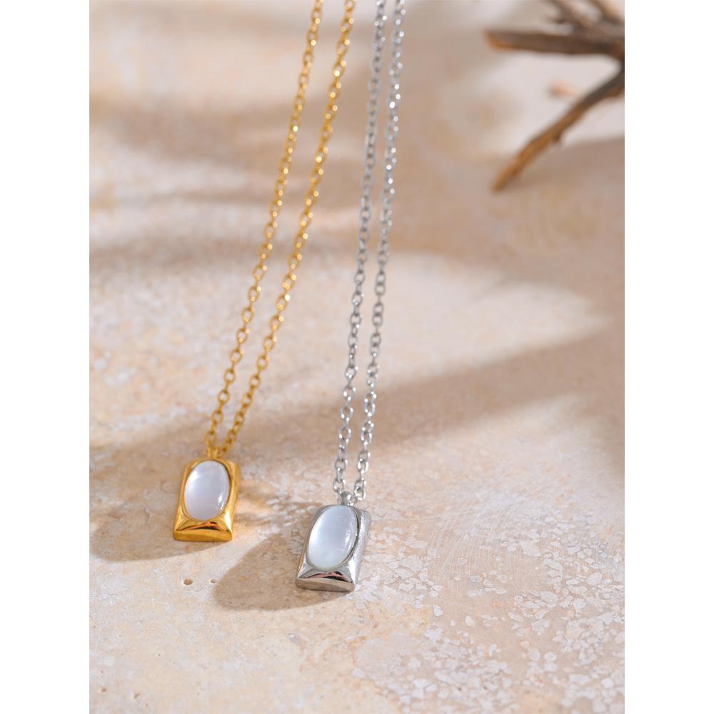 Yhpup Stylish Natural Stone Shell Square Rectangle Necklace Pendant Stainless Steel Water Resistant Charm Jewelry Gift