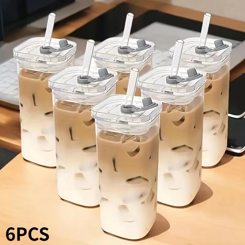 400ML Square Heat-Resistant Glass Coffee Cup with Lid and Straw, Transparent Milk Tea Juice Cup, Home Bar Drinkware