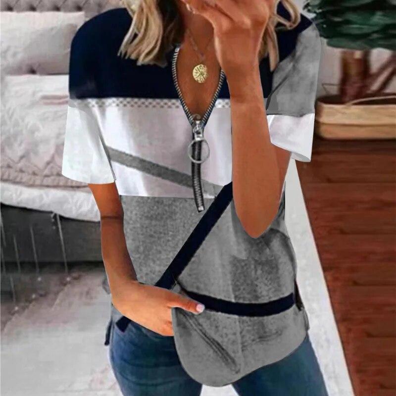 Summer Striped Printed Plus Size T Shirt Women Vintage Short Sleeve Zipper V-neck Casual T-shirt Woman Loose Office Lady Basic Tee Tops 25118