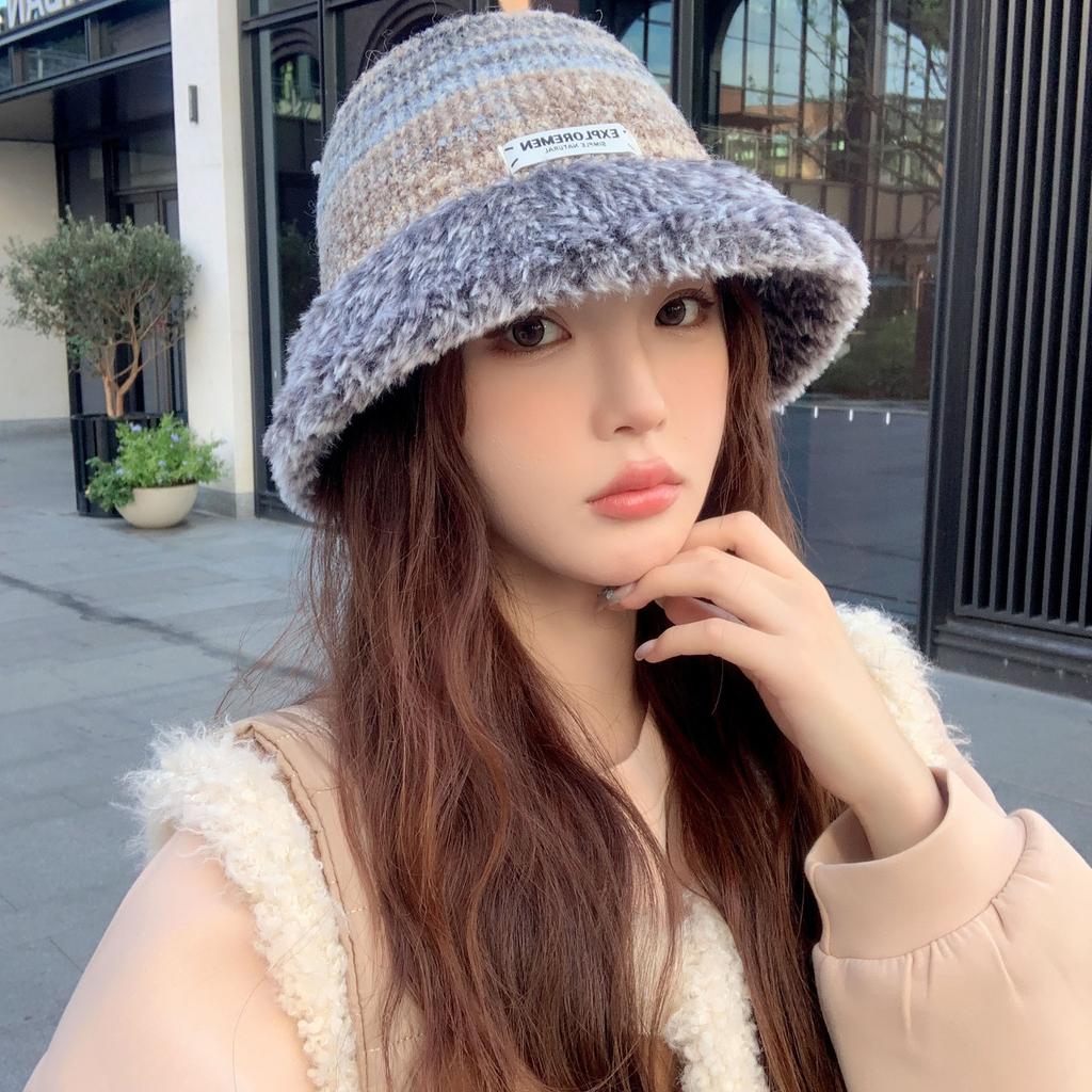 Women's Winter Warm Plush Knitted Wool Hat Korean Style Trendy Striped Face Small Windproof Versatile Basin Hat
