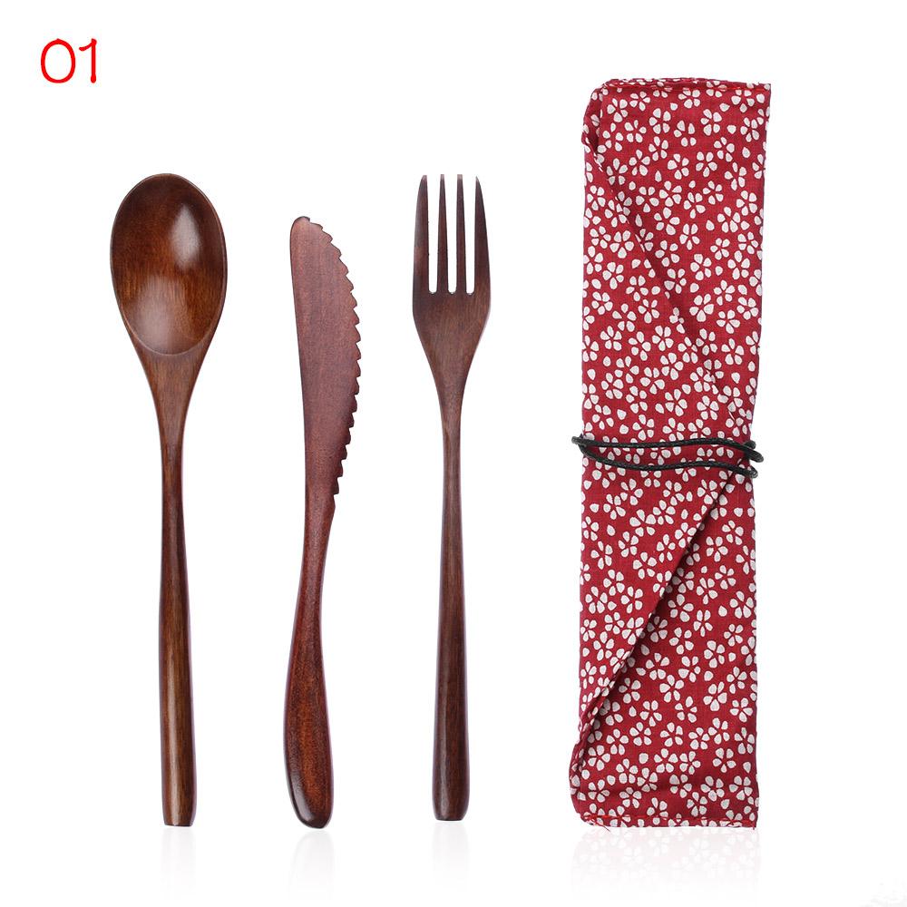 Portable Wooden Cutlery Set Spoon Fork Cutter Reusable Wood Bamboo Flatware With Bags Dinnerware Tableware Student Lunch Gift