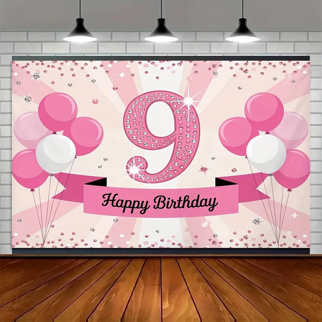 2D planar background banner with a pink-themed "9 Happy Birthday" pattern background fabricDJH