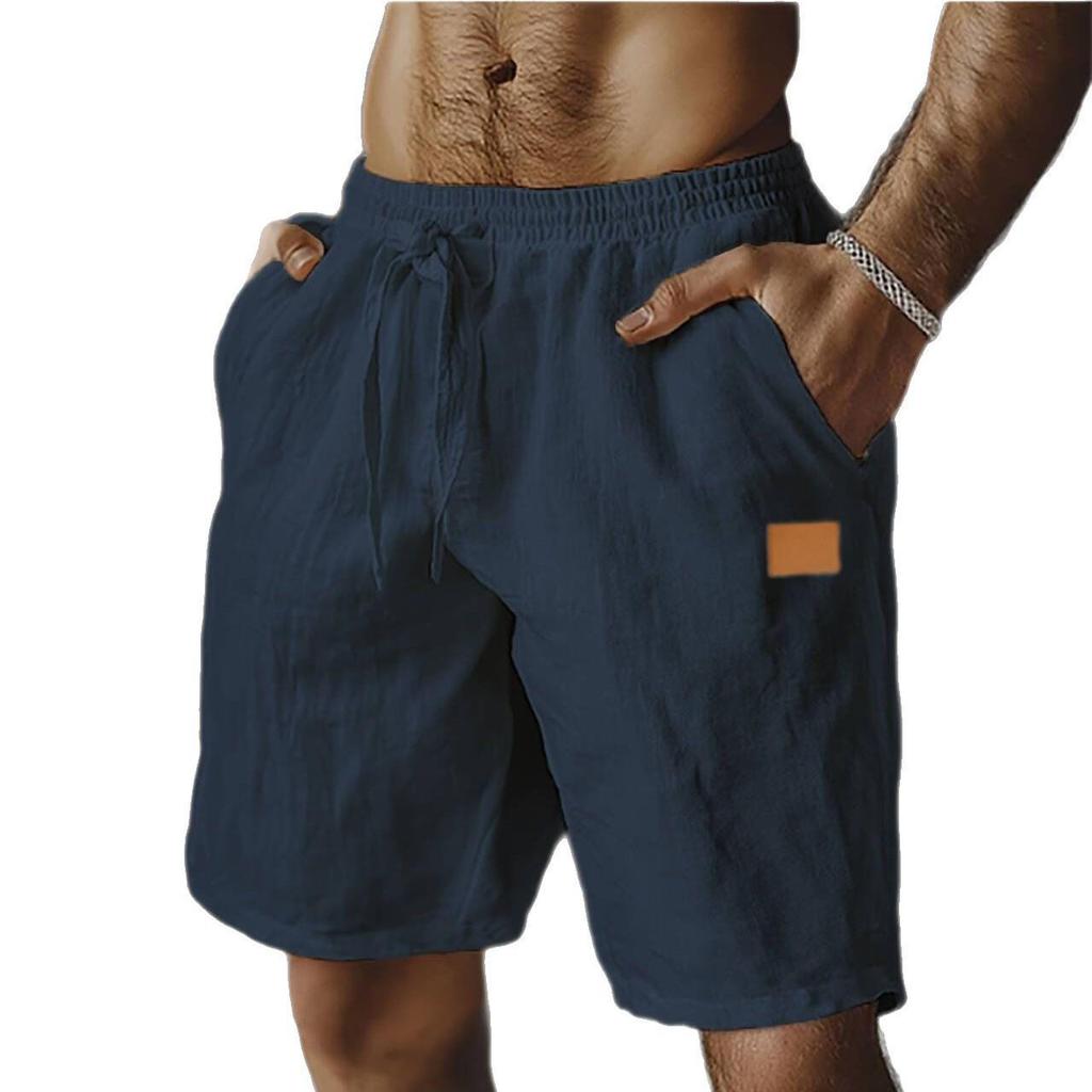 2026 Cotton Linen Breathable Mid-Length Drawstring Shorts - Elastic Waist, Solid Color, Casual Straight Leg for Daily Wear or Beach Outings.