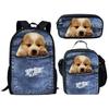 Classic Popular Novelty Denim Pocket Cat/Dog 3D Print 3pcs/Set Pupil School Bags Laptop Daypack Backpack Lunch Bag Pencil Case