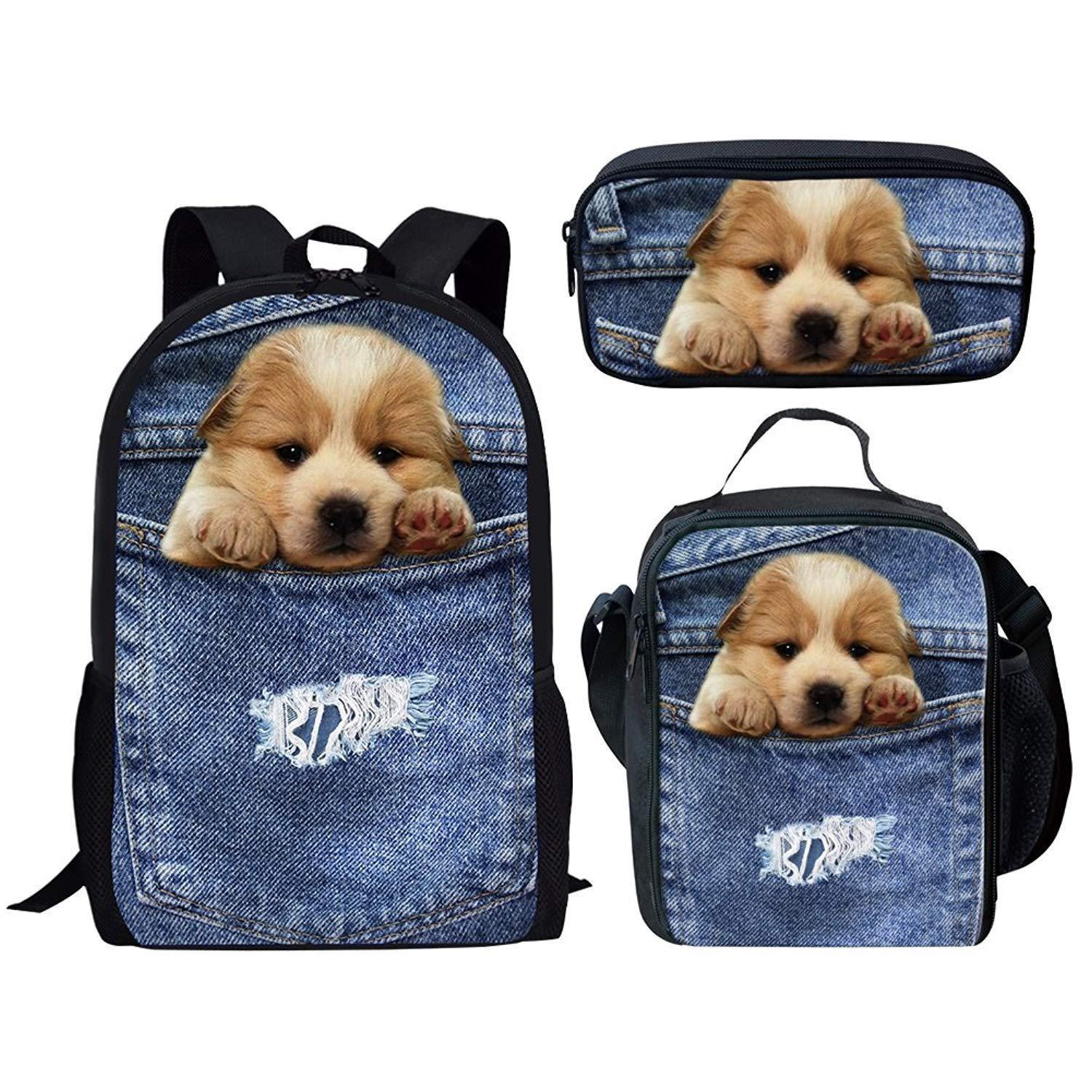 Klassiek Populair Nieuwigheid Denim Zak Kat/Hond 3D Print 3 stuks/Set leerling Schooltassen Laptop Dagrugzak Rugzak Lunchtas Etui